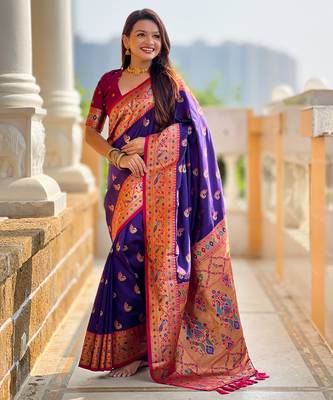 violet faux banarasi silk blend saree with paithani rich weaved pallu and blouse 5