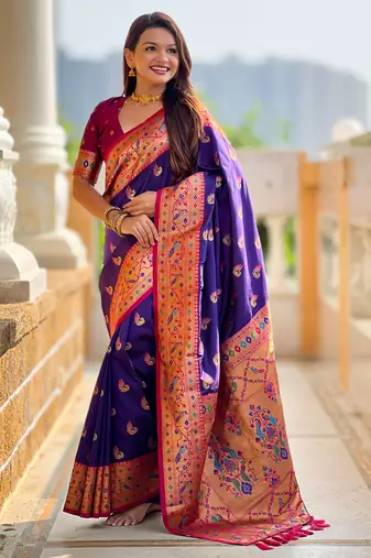 violet faux banarasi silk blend saree with paithani rich weaved pallu and blouse