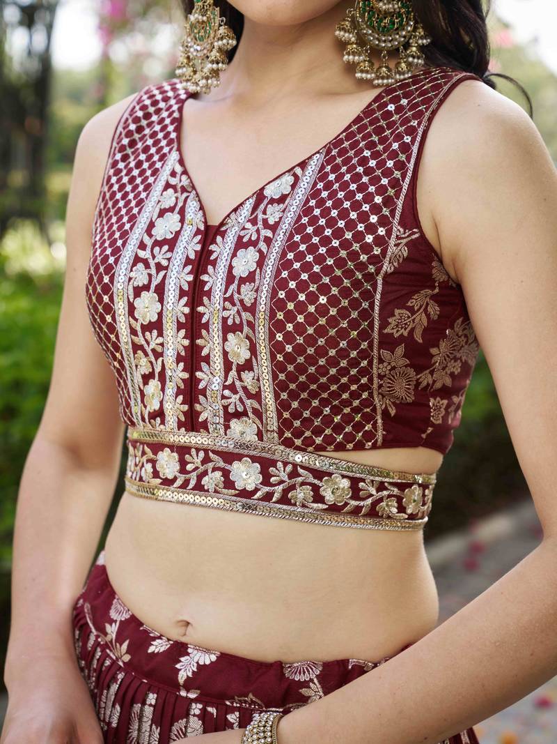 MAROON DOLA SILK SEQUINS ZARI EMBROIDERED LEHENGA CHOLI