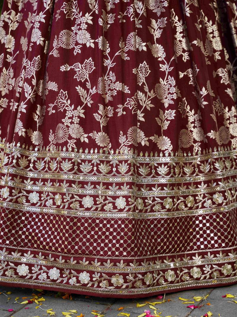 MAROON DOLA SILK SEQUINS ZARI EMBROIDERED LEHENGA CHOLI