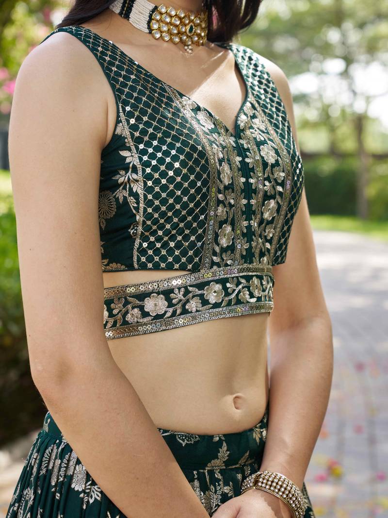 GREEN DOLA SILK SEQUINS ZARI EMBROIDERED LEHENGA CHOLI