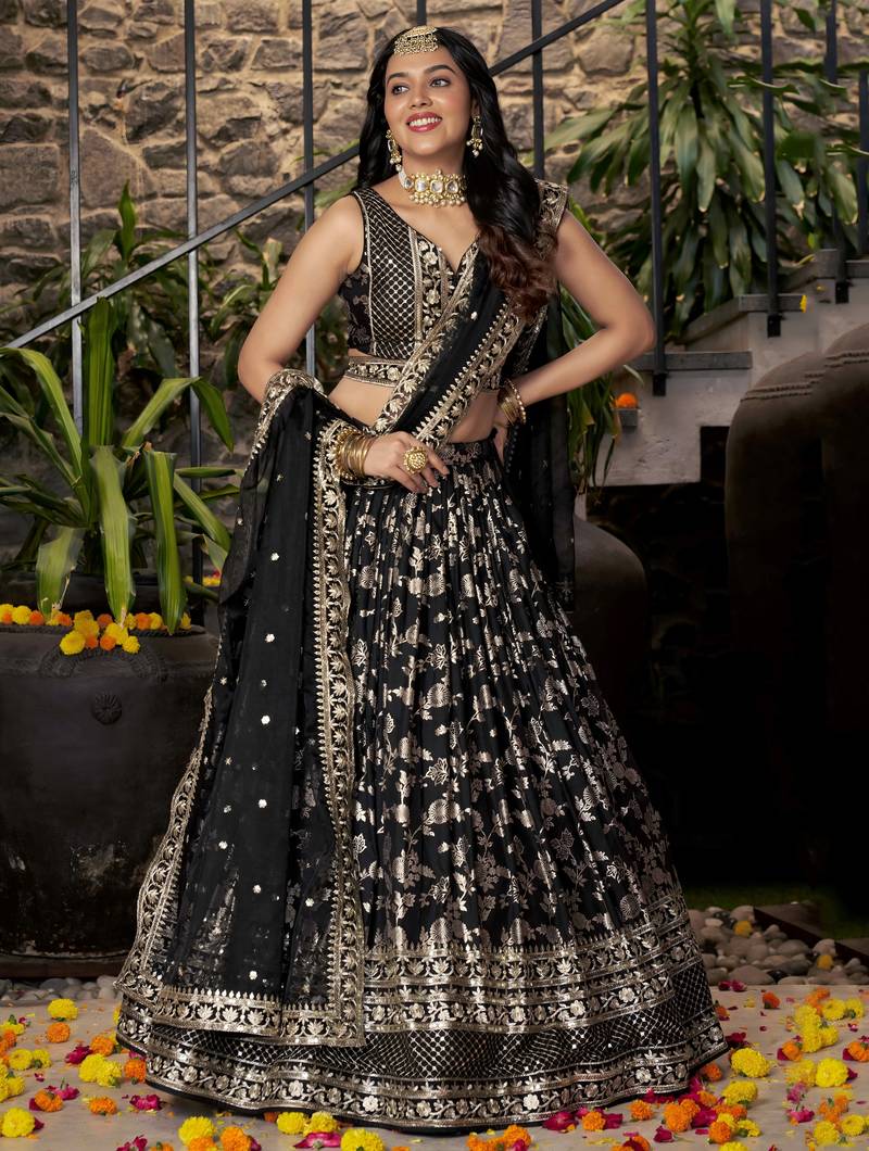 BLACK DOLA SILK SEQUINS ZARI EMBROIDERED LEHENGA CHOLI