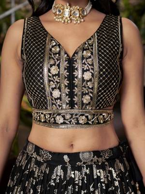 BLACK DOLA SILK SEQUINS ZARI EMBROIDERED LEHENGA CHOLI 9