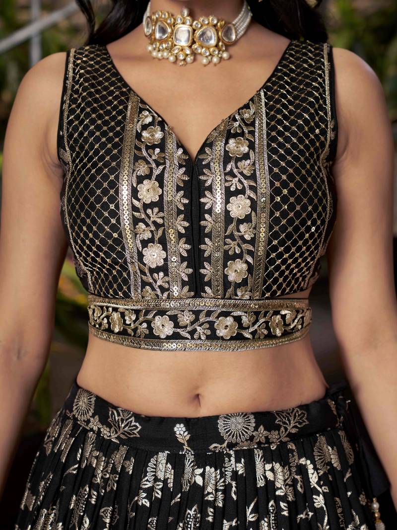 BLACK DOLA SILK SEQUINS ZARI EMBROIDERED LEHENGA CHOLI
