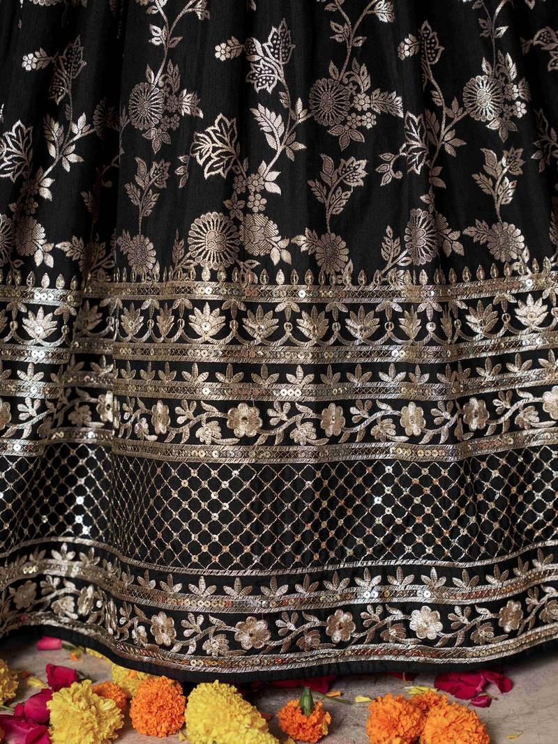 BLACK DOLA SILK SEQUINS ZARI EMBROIDERED LEHENGA CHOLI
