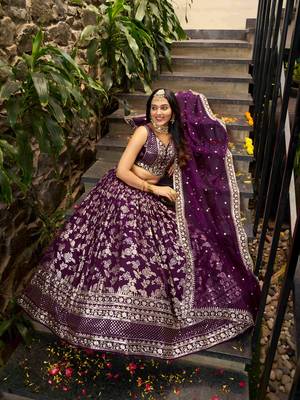 WINE DOLA SILK SEQUINS ZARI EMBROIDERED LEHENGA CHOLI 7