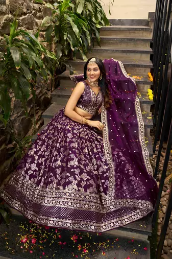 WINE DOLA SILK SEQUINS ZARI EMBROIDERED LEHENGA CHOLI
