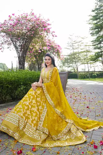 YELLOW DOLA SILK SEQUINS ZARI EMBROIDERED LEHENGA CHOLI