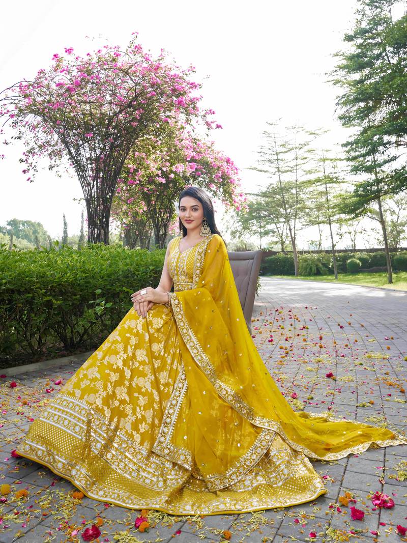 YELLOW DOLA SILK SEQUINS ZARI EMBROIDERED LEHENGA CHOLI