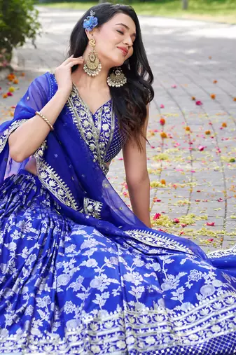 ROYAL BLUE DOLA SILK SEQUINS ZARI EMBROIDERED LEHENGA CHOLI