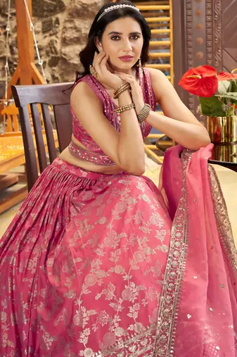 pink DOLA SILK SEQUINS ZARI EMBROIDERED LEHENGA CHOLI