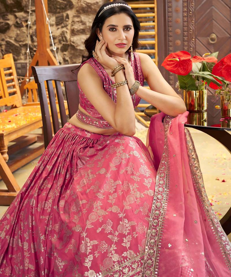 pink DOLA SILK SEQUINS ZARI EMBROIDERED LEHENGA CHOLI