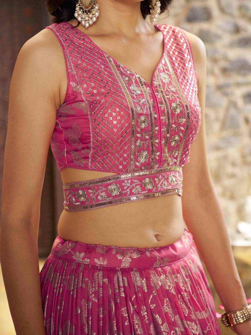 pink DOLA SILK SEQUINS ZARI EMBROIDERED LEHENGA CHOLI
