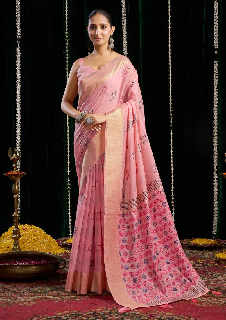 Pink color Lightweight Spun Cotton Saree with Zari Border & Blouse | Everyday Traditional Saree