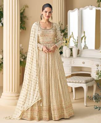 heavy embroidery worked georgette white anarkali for women -Full Stitched free size 1