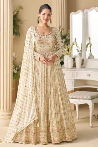 heavy embroidery worked georgette white anarkali for women wedding wear-Full Stitched free size