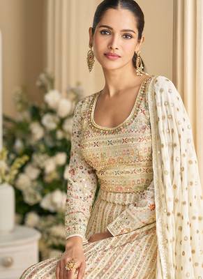 heavy embroidery worked georgette white anarkali for women -Full Stitched free size 2