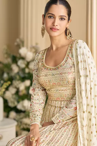 heavy embroidery worked georgette white anarkali for women -Full Stitched free size