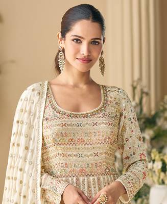 heavy embroidery worked georgette white anarkali for women -Full Stitched free size 3