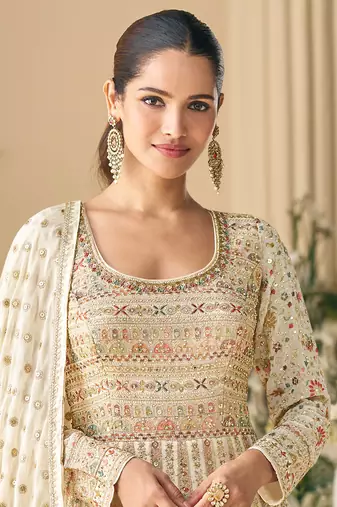 heavy embroidery worked georgette white anarkali for women -Full Stitched free size