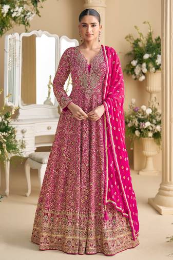 heavy embroidery worked georgette rani pink anarkali for women wedding wear-Full Stitched free size