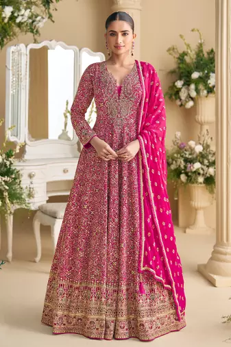 heavy embroidery worked georgette rani pink anarkali for women wedding wear-Full Stitched free size