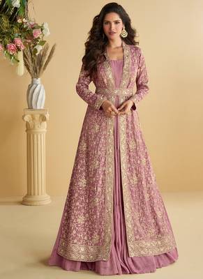 pink indo western style shrug anarkali set for women-Full Stitched free size 1