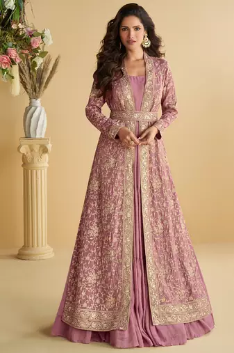 pink wedding wear indo western style shrug anarkali set for women-Full Stitched free size