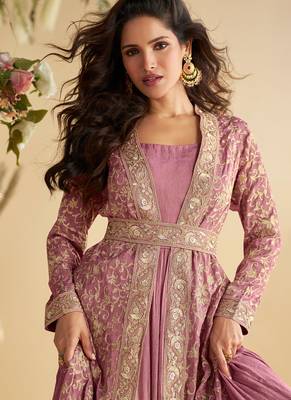 pink indo western style shrug anarkali set for women-Full Stitched free size 4