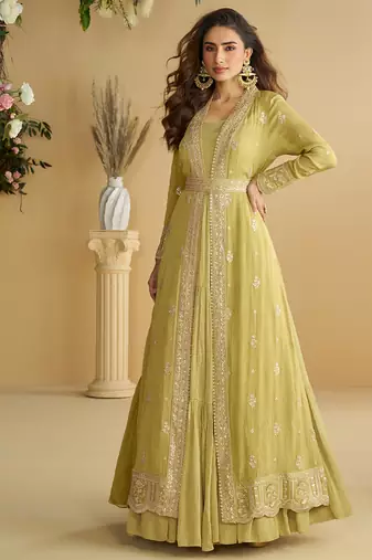 yellow wedding wear indo western style shrug anarkali set for women-Full Stitched free size