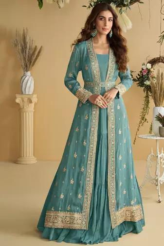 sky blue wedding wear indo western style shrug anarkali set for women-Full Stitched free size