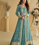 sky blue wedding wear indo western style shrug anarkali set for women-Full Stitched free size