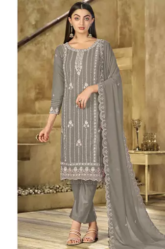 new grey georgette pakistani straight suit for women