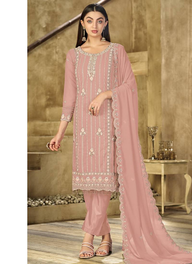 new pink georgette pakistani straight suit for women