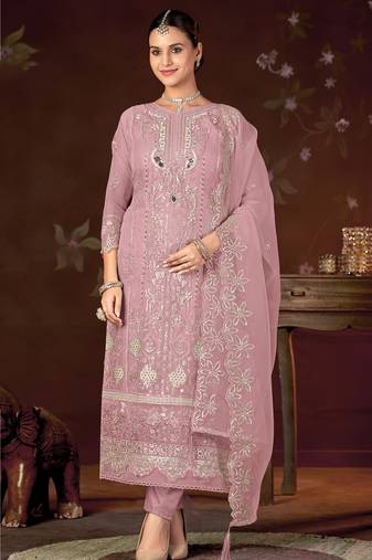 Pink color embroideried faux georgette semi stitched salwar suit
