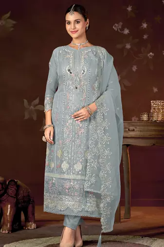 Sky blue color embroideried faux georgette semi stitched salwar suit