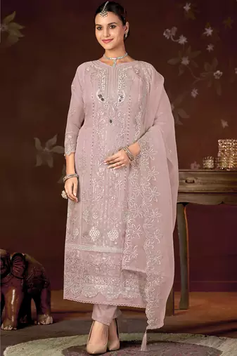 Peach color embroideried faux georgette semi stitched salwar suit