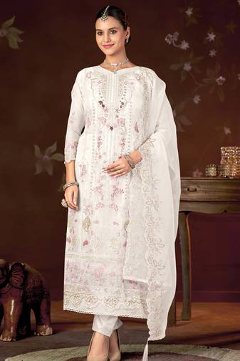 White color embroideried faux georgette semi stitched salwar suit