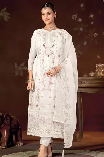 White color embroideried faux georgette semi stitched salwar suit