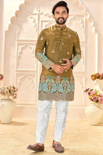 mehendi green silk kurta for wedding & festive wear