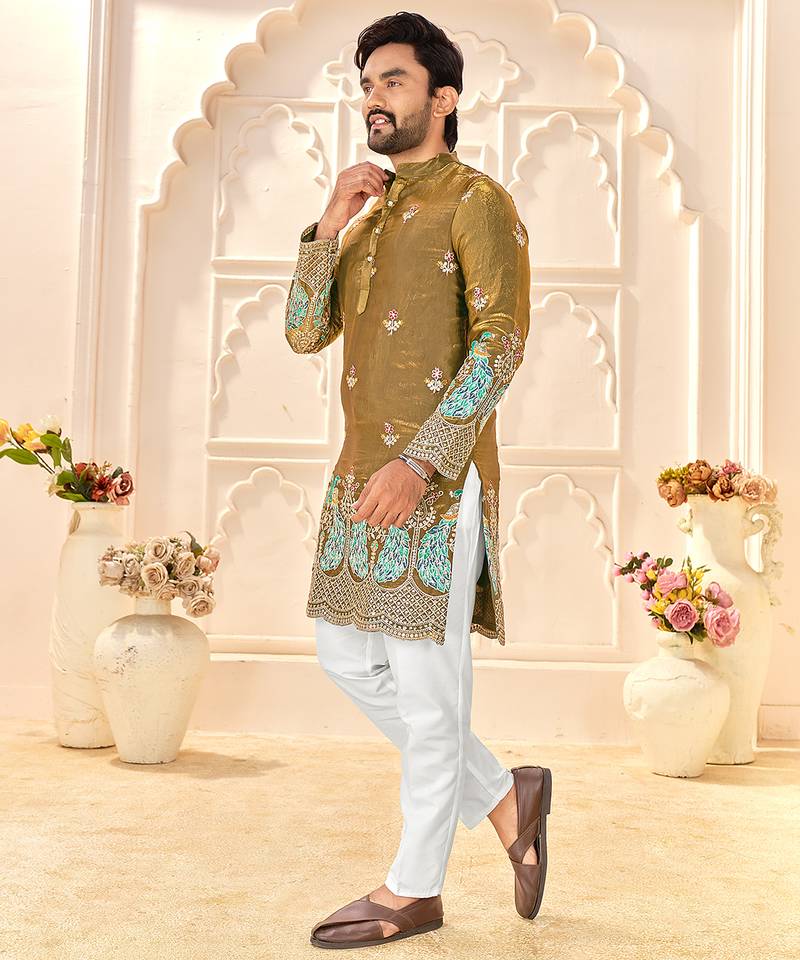 mehendi green silk kurta for wedding & festive wear
