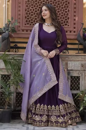 Purple star georgette with embroidery zari sequins-work suit set