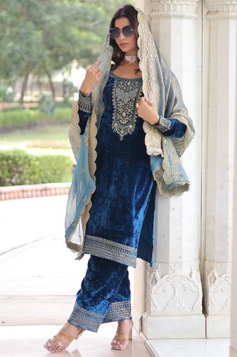 Velvet and sequins & zari embroidered work designer readymade top-pant-dupatta collections