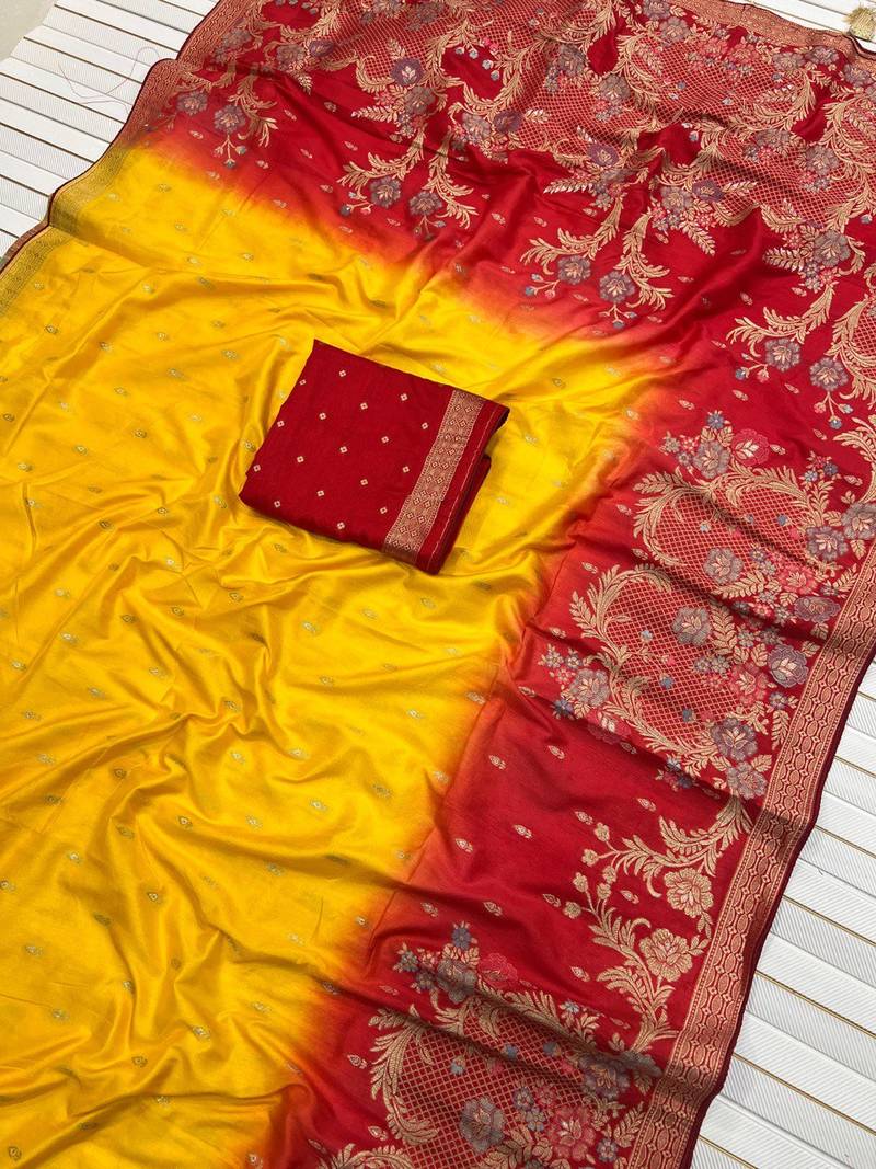 Yellow Color 2D Shade Dola Silk Saree