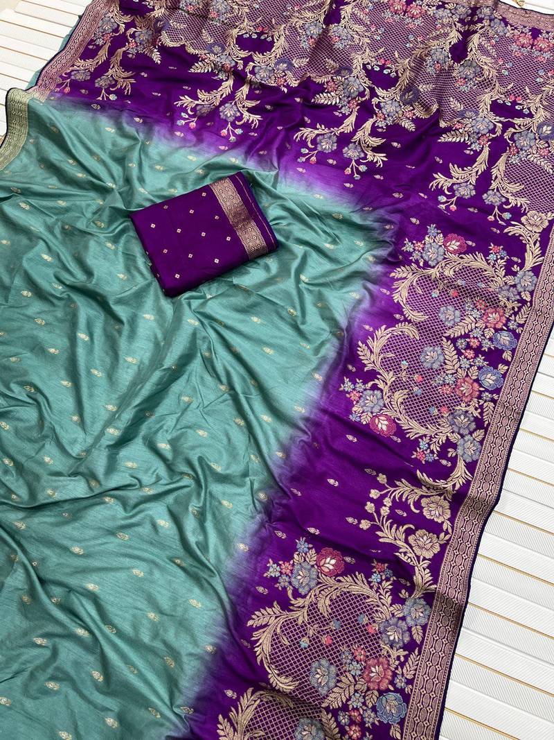 Aqua Color 2D Shade Dola Silk Saree