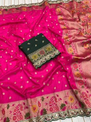 Rani Pink Color Flowing Pure Dola Silk Saree 1