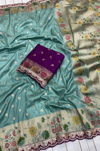 Aqua Color Flowing Pure Dola Silk Saree