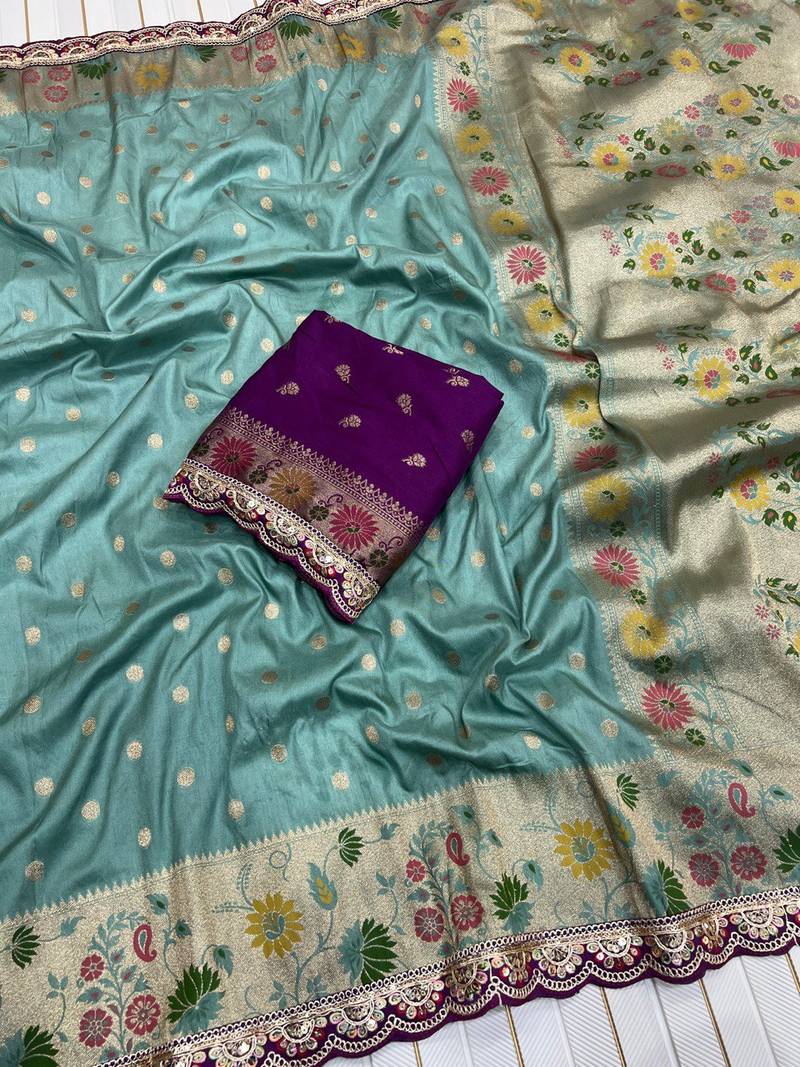 Aqua Color Flowing Pure Dola Silk Saree