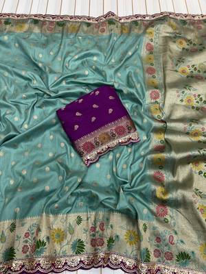 Aqua Color Flowing Pure Dola Silk Saree 2