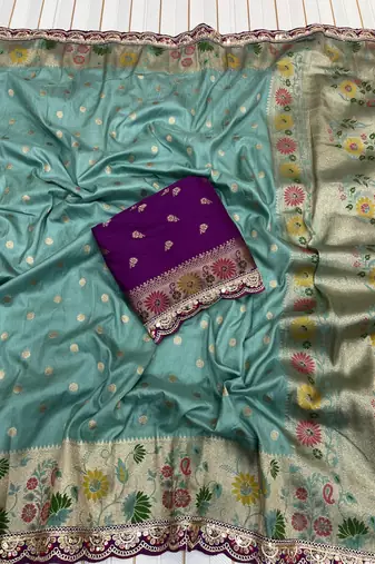 Aqua Color Flowing Pure Dola Silk Saree
